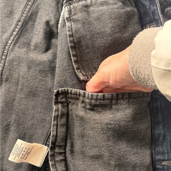 Free People Denim Jacket Blue Knit Sleeve Hooded Distressed Jean Women's XS - Picture 13 of 13